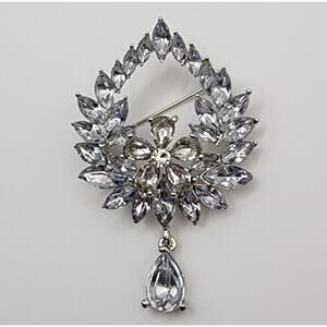 Classic Rhinestone Waterdrop Brooch Clear Stones Silver Tone Metal